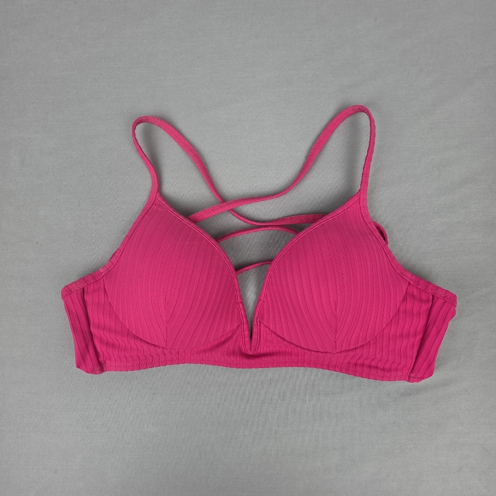 Pink Spagetti Laced Back Ribbed Lined Bikini Top 32B Rouching Plunge Swimsuit